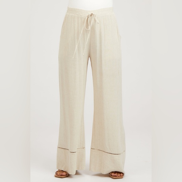 Umgee Pants - NWOT Umgee High Waisted Beige Linen Wide Leg Crochet Detail Pants Size L